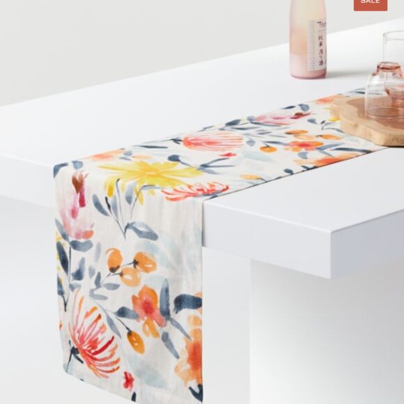 Crate&Barrel Table Runner 14x90in Vale Floral Natural Cotton Linen Blend - Picture 1 of 6